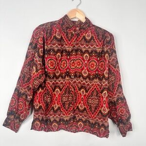 Carole Little  Mock Neck Blouse Sz M | Red Black Boho Abstract Print Long Sleeve